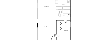 A floor plan of a house with a kitchen, dining area, living area, two closets, and a bath.