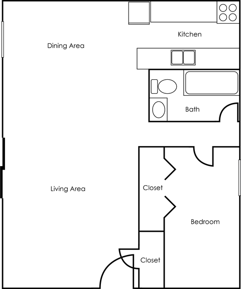 A floor plan of a house with a kitchen, dining area, living area, two closets, and a bath.