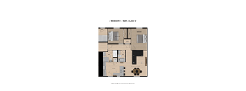 A diagram of a 2 bedroom, 2 bathroom apartment sized at 1,000 square feet.