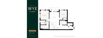 A floor plan for a Wye Flats apartment in Powder, Colorado, showing two bedrooms, a living room, kitchen, bathrooms, and a patio.
