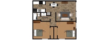 two bedroom one bathroom floor plan at the encore apartments in atlanta, ga