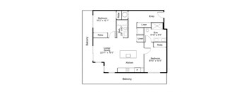 A floor plan of a home with a balcony, living room, dining room, kitchen, and two bedrooms.