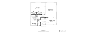 A floor plan for a small apartment with a bedroom, living room, kitchen, dining room, bathroom, and storage space.