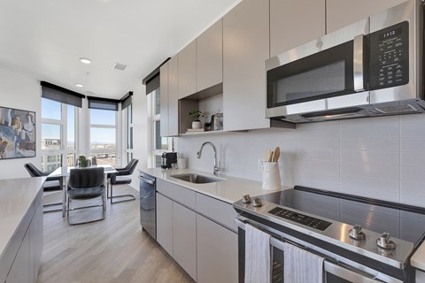 a kitchen with a sink and a stove and a microwave