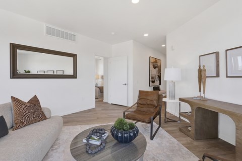 a living room with a couch and a coffee table
