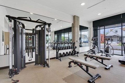 the home gym has weights and weights machines and mirrors