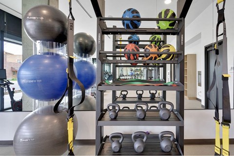 a fitness room with weights and cardio equipment