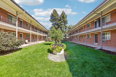A courtyard with a tree and flower bed in the middle of a building complex.