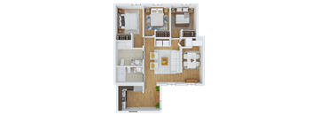 A top-down view of a house layout with multiple rooms and furniture.