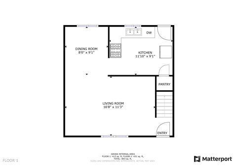 A floor plan for a home with a living room, dining room, kitchen, pantry, and entry.