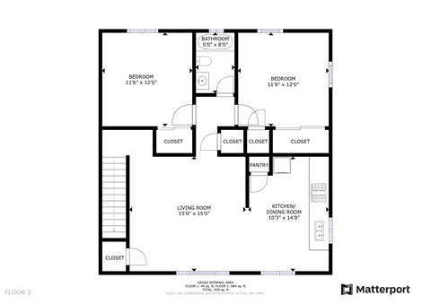 A floor plan of a house with a living room, two bedrooms, a bathroom, a kitchen, and a dining room.
