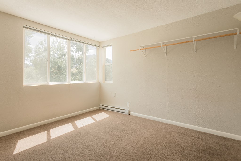 A room with a carpeted floor and a window letting in sunlight.