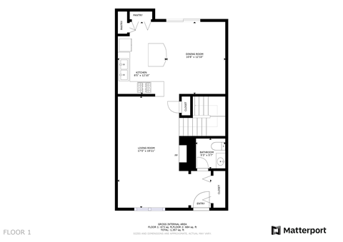 A floor plan of a house with a kitchen, living room, and two bedrooms.
