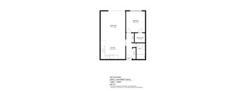 A floor plan for a one bedroom apartment with a living area, kitchen, bath, and entry.