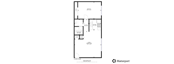 A floor plan for a home with a living room, dining room, kitchen, and two bathrooms.
