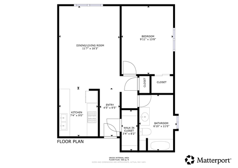 A floor plan for a home with a den/dining room, kitchen, bathroom, and bedrooms.