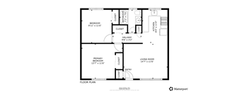 A floor plan of a home with a living room, two bedrooms, a bathroom, and a kitchen.