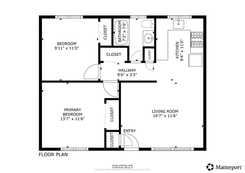 A floor plan of a home with a living room, two bedrooms, a bathroom, and a kitchen.