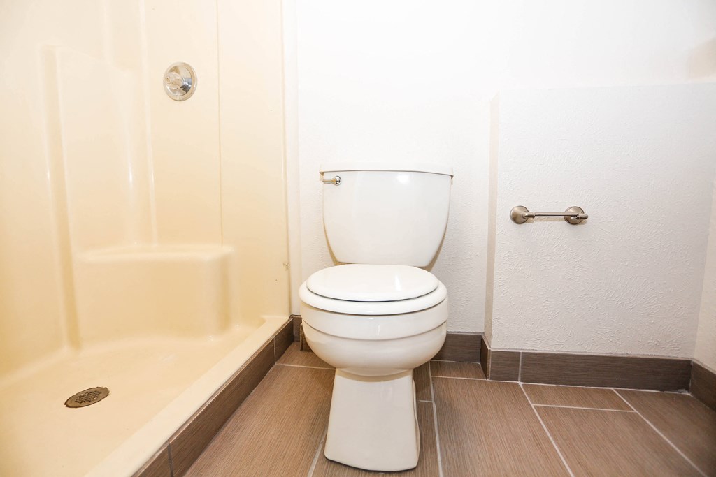 a bathroom with a toilet and a shower