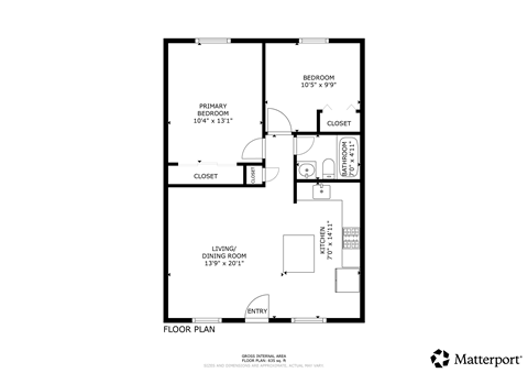 A floor plan for a home with a bedroom, living/dining room, kitchen, and bathroom.