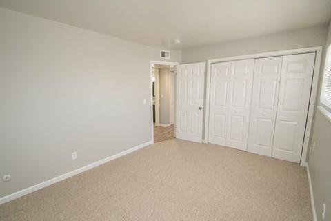 a bedroom with two closets and a door to a hallway