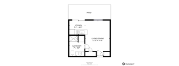 A floor plan of a home with a kitchen, living/dining area and bathroom.