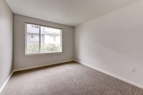 an empty room with carpet and a window