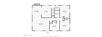 A floor plan of a one bedroom apartment with a living room, dining room, kitchen, and bathroom.
