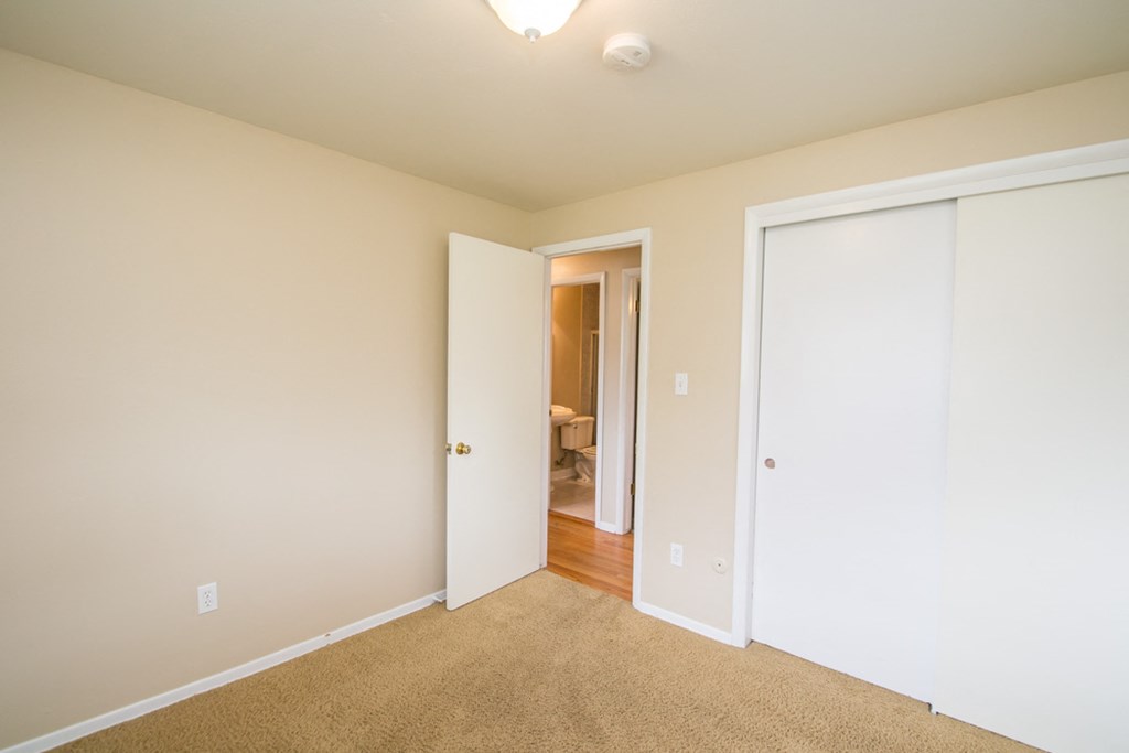 a bedroom with two closets and a door to a bathroom