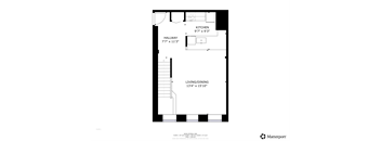 A floor plan of a kitchen, hallway, and living/dining area at Tallmadge Lofts in Denver, CO 80211