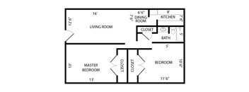 2 bed 1 bath floor plan at Postmark at Littleton, Littleton, 80120