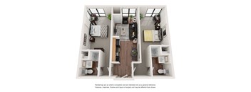 A floor plan of a small apartment with a kitchen, living room, and two bedrooms.