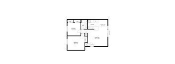 A floor plan of a house with a living area, dining area, kitchen, two bedrooms, a bathroom, and an entry.