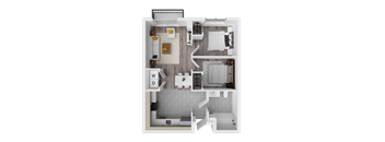 a 3d rendering of a bedroom floor plan with a bathroom and a living room
