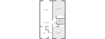 A floor plan of a house with a living room, dining area, kitchen, foyer, hall, bath, and bedroom.