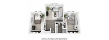 A 3D rendered image of a small apartment layout with dimensions.
