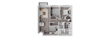a 3d floor plan of a bedroom with a bathroom and a living room