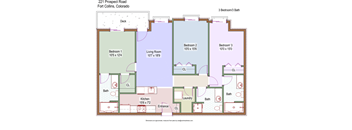 A floor plan of a three bedroom apartment in Fort Collins, Colorado.