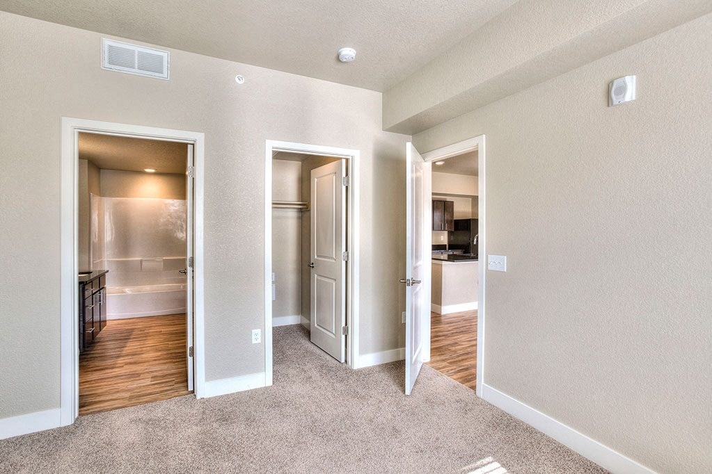 a renovated living room with open doors to a hallway and a kitchen