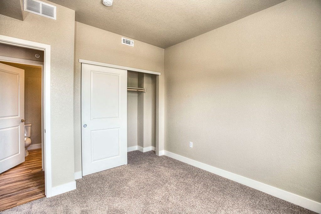 an empty bedroom with a closet and a door to the bathroom