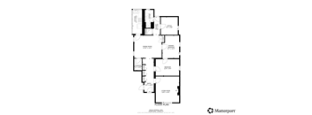 A floor plan of a house with a living room, two bedrooms, a bathroom, and a kitchen.