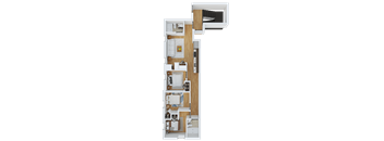 A top-down view of a house layout with a kitchen, living room, and bedrooms.
