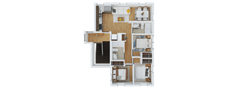A top-down view of a house layout with a living room, kitchen, and bedrooms.
