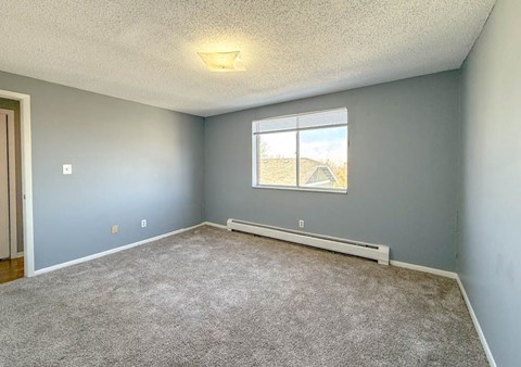 A room with a window and a carpeted floor.