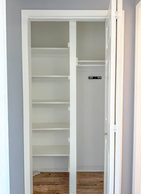 A white closet with shelves and a door.