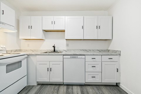 A kitchen with white cabinets and a marble countertop.
