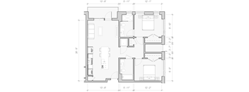 A floor plan of a house with labeled rooms and dimensions.