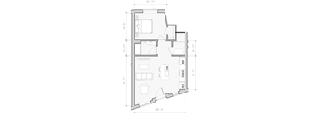 A floor plan of a house with a kitchen, living room, and bathroom.