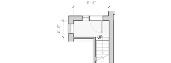 A drawing of a room with dimensions and an "UP" arrow.
