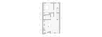 A floor plan of a room with dimensions and furniture layout.